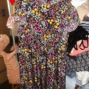 Black Floral Midi Dress with Pink & Yellow Blooms